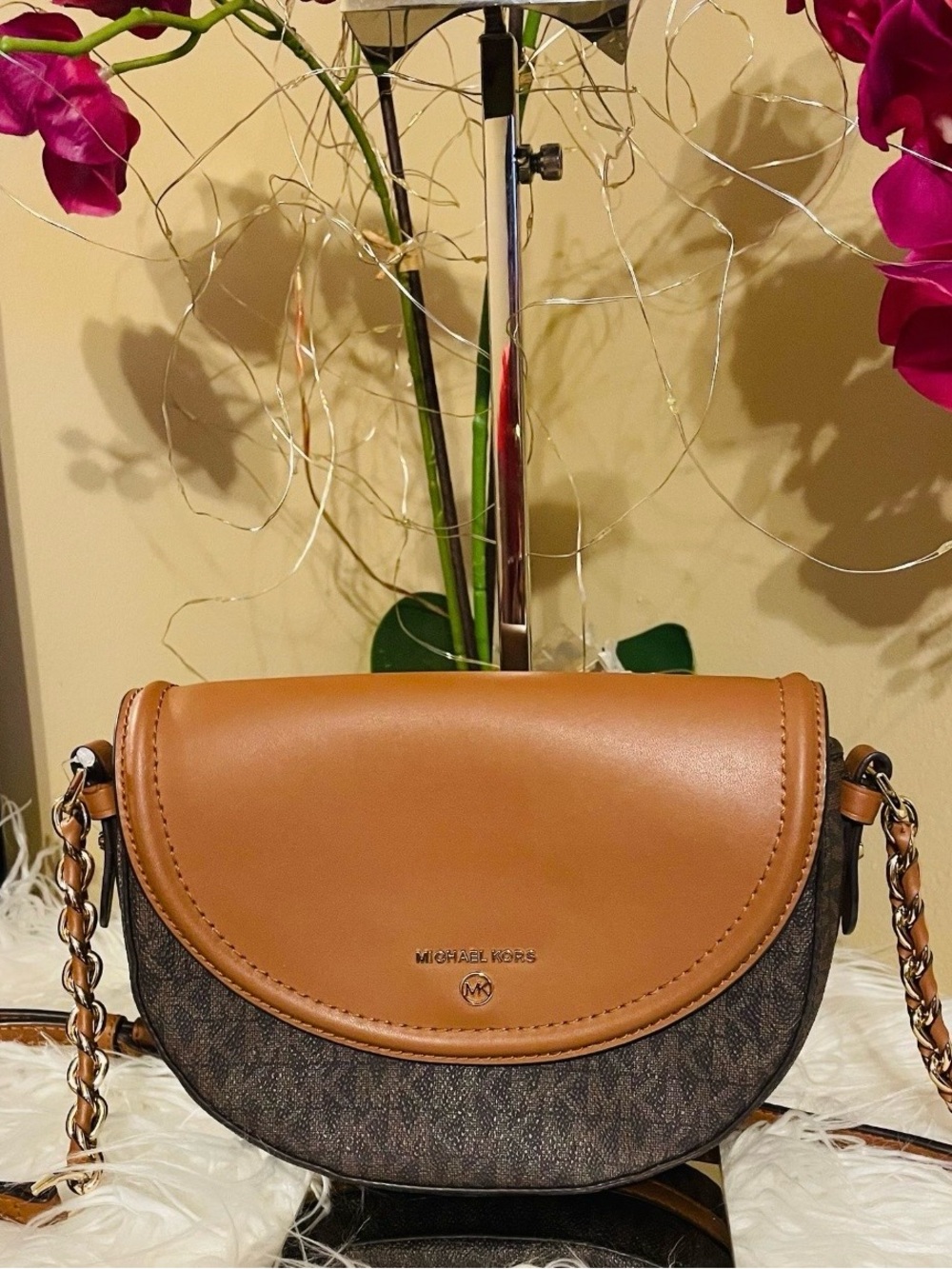 MICHAEL KORS Brown Leather-Trim Signature Crossbody